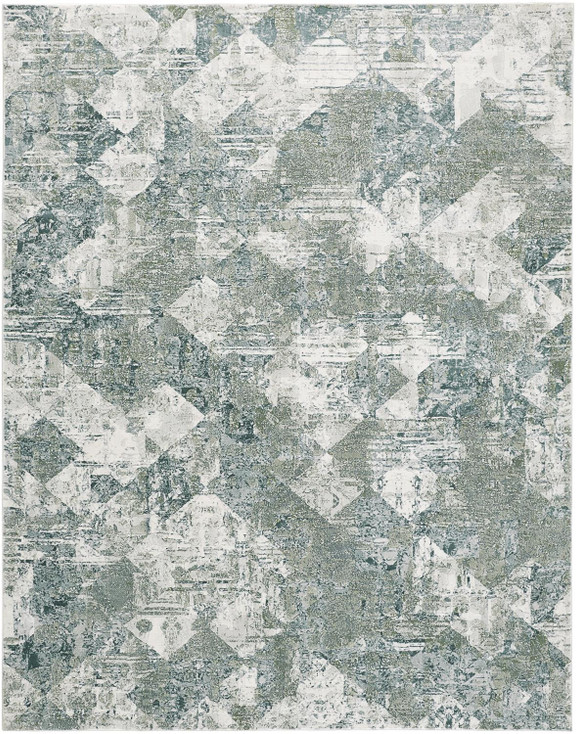 8' x 10' Green and Ivory Patchwork Distressed Stain Resistant Area Rug