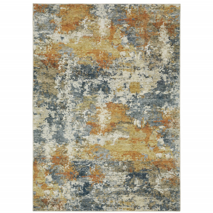 8' x 10' Teal Blue Orange Gold Grey Tan Brown & Beige Abstract Printed Non Skid Area Rug