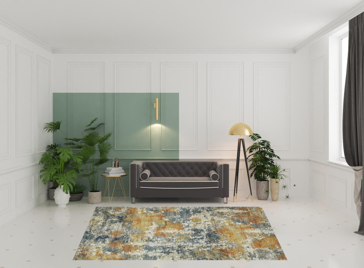 8' x 10' Teal Blue Orange Gold Grey Tan Brown & Beige Abstract Printed Non Skid Area Rug