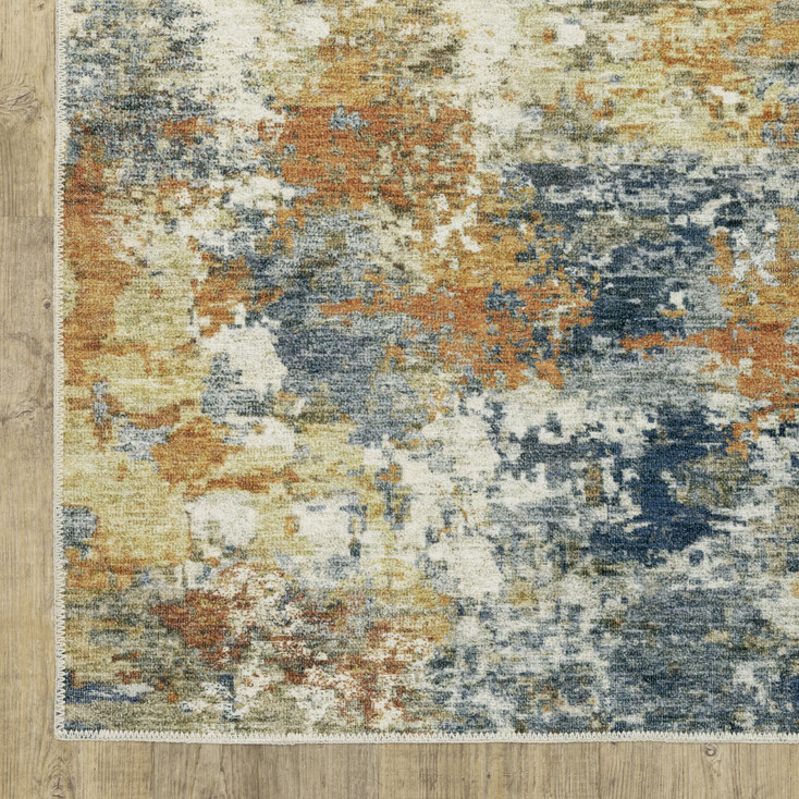 8' x 10' Teal Blue Orange Gold Grey Tan Brown & Beige Abstract Printed Non Skid Area Rug