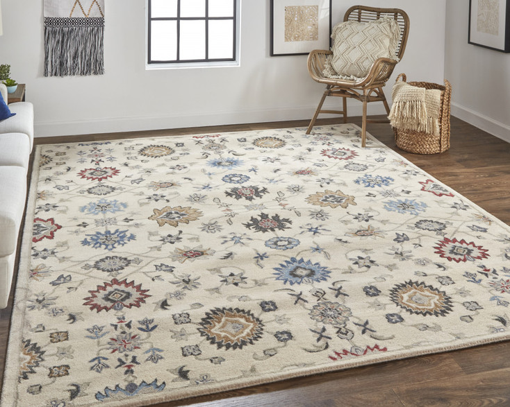 8' x 10' Ivory Blue and Tan Wool Floral Tufted Handmade Stain Resistant Area Rug