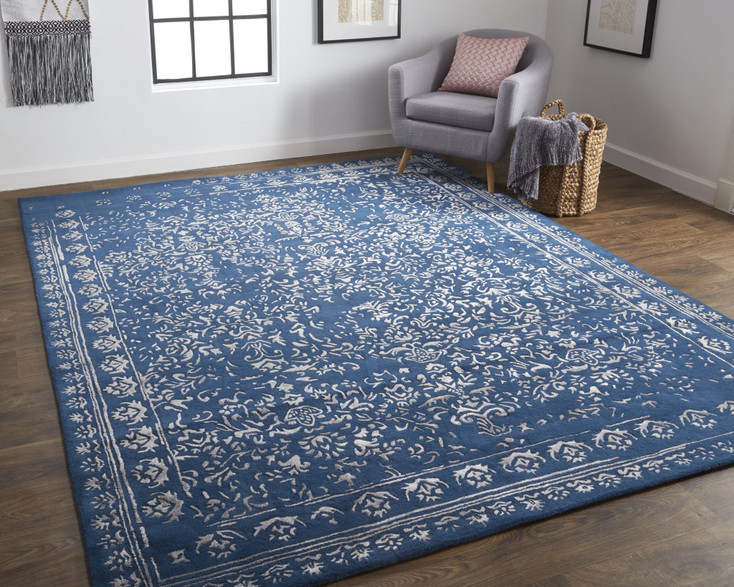 8' x 10' Blue and Silver Wool Floral Tufted Handmade Distressed Area Rug