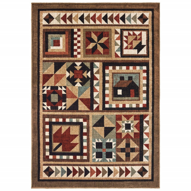 8' x 10' Brown and Red Ikat Patchwork Area Rug