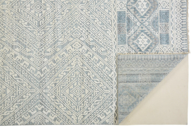 8' x 10' Ivory Blue and Gray Geometric Hand Knotted Area Rug