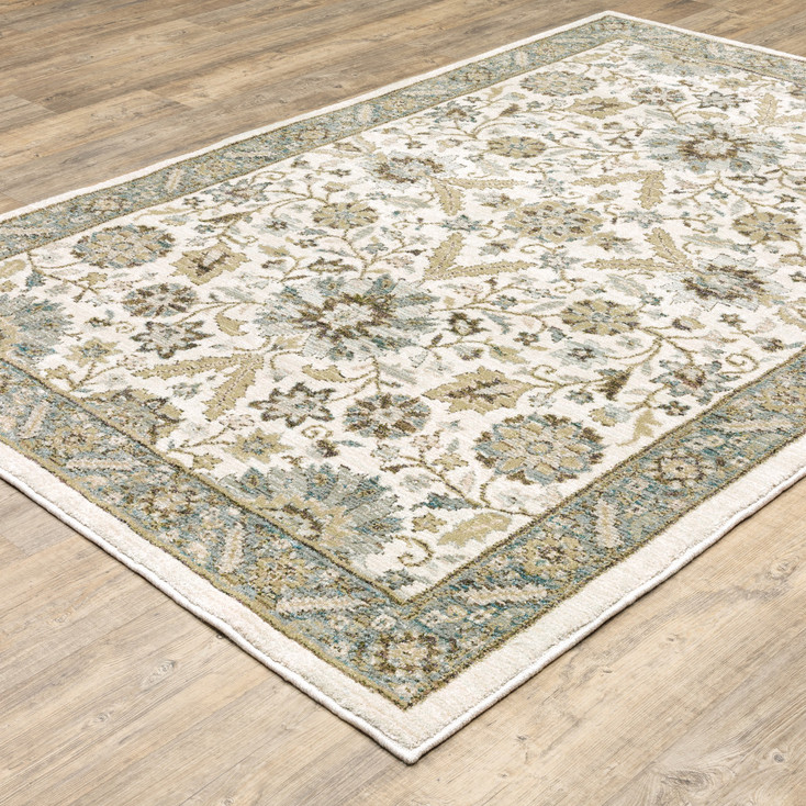 8' x 10' Stone Grey Ivory Green Brown Teal and Light Blue Oriental Power Loom Area Rug