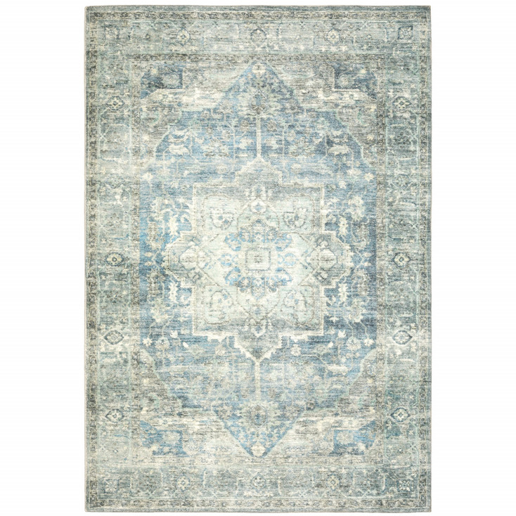 8' x 10' Grey Blue and Ivory Oriental Power Loom Stain Resistant Area Rug