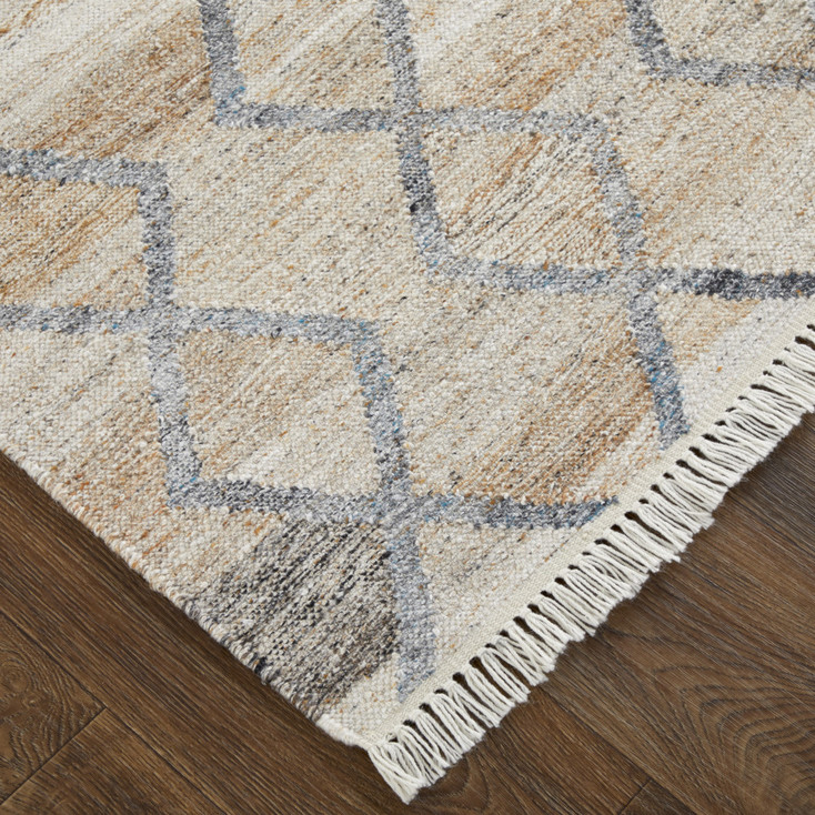 8' x 10' Gray Ivory and Tan Geometric Hand Woven Stain Resistant Area Rug with Fringe