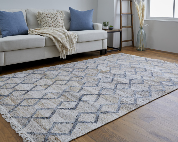 8' x 10' Gray Ivory and Tan Geometric Hand Woven Stain Resistant Area Rug with Fringe