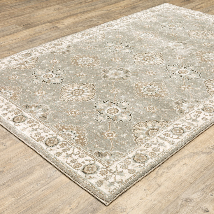 8' x 10' Grey Ivory Tan Brown and Gold Oriental Power Loom Stain Resistant Area Rug
