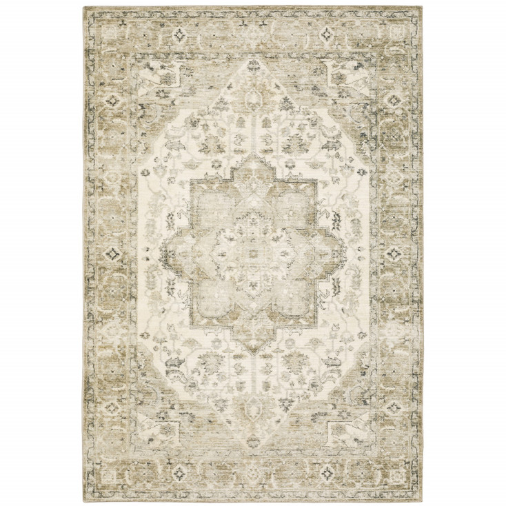 8' x 10' Tan Ivory Grey and Beige Oriental Power Loom Stain Resistant Area Rug