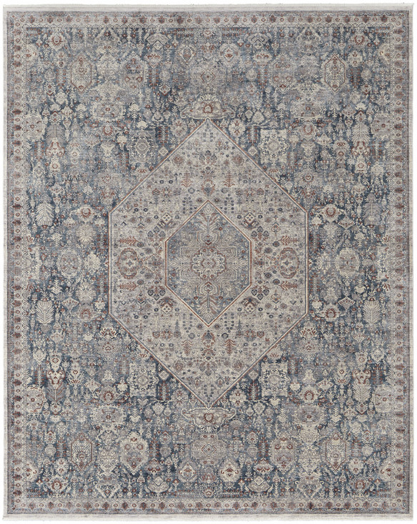 8' x 10' Blue and Ivory Floral Power Loom Stain Resistant Area Rug