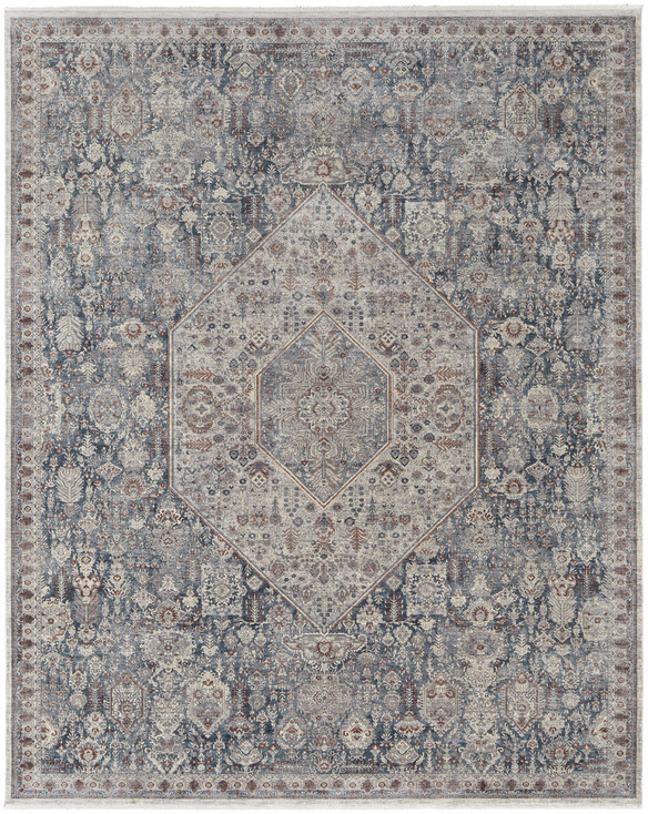 8' x 10' Blue and Ivory Floral Power Loom Stain Resistant Area Rug