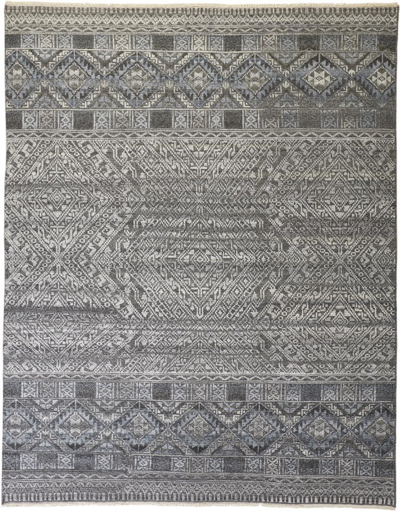 8' x 10' Gray Ivory and Blue Geometric Hand Knotted Area Rug