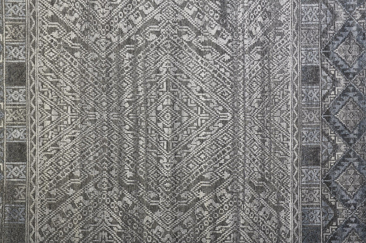 8' x 10' Gray Ivory and Blue Geometric Hand Knotted Area Rug