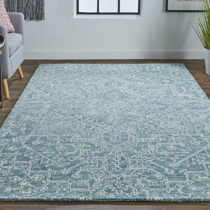 8' x 10' Blue Ivory and Green Wool Floral Tufted Handmade Stain Resistant Area Rug