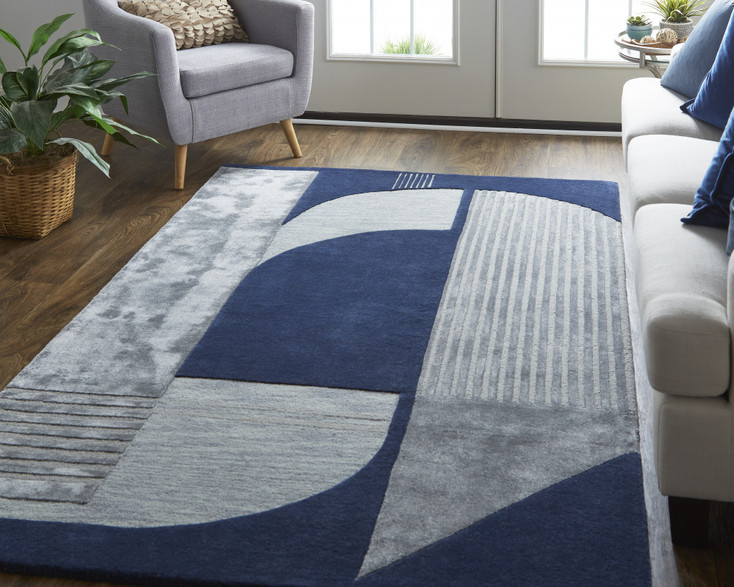 8' x 10' Blue and Silver Wool Geometric Tufted Handmade Area Rug