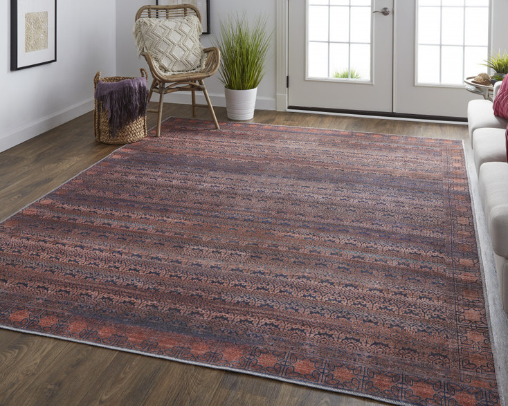 8' x 10' Red Brown and Blue Floral Power Loom Area Rug