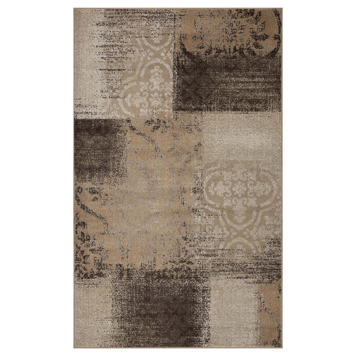 8' x 10' Beige Gray and Black Damask Distressed Stain Resistant Area Rug