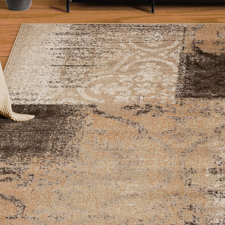 8' x 10' Beige Gray and Black Damask Distressed Stain Resistant Area Rug