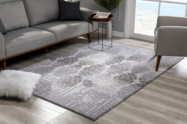 8' x 10' Gray Damask Power Loom Rectangle Area Rug