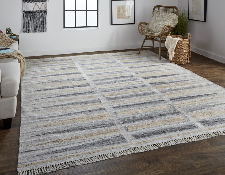 8' x 10' Tan Gray and Taupe Geometric Hand Woven Stain Resistant Area Rug with Fringe