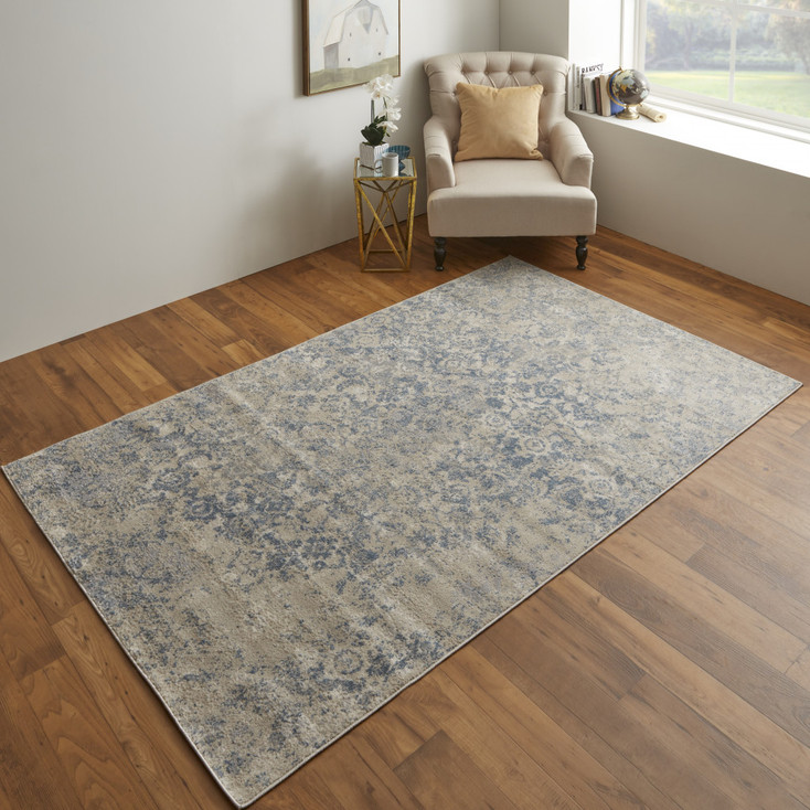 8' x 10' Blue and Ivory Abstract Power Loom Distressed Area Rug