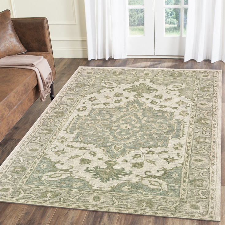 8' x 10' Green and Cream Medallion Area Rug