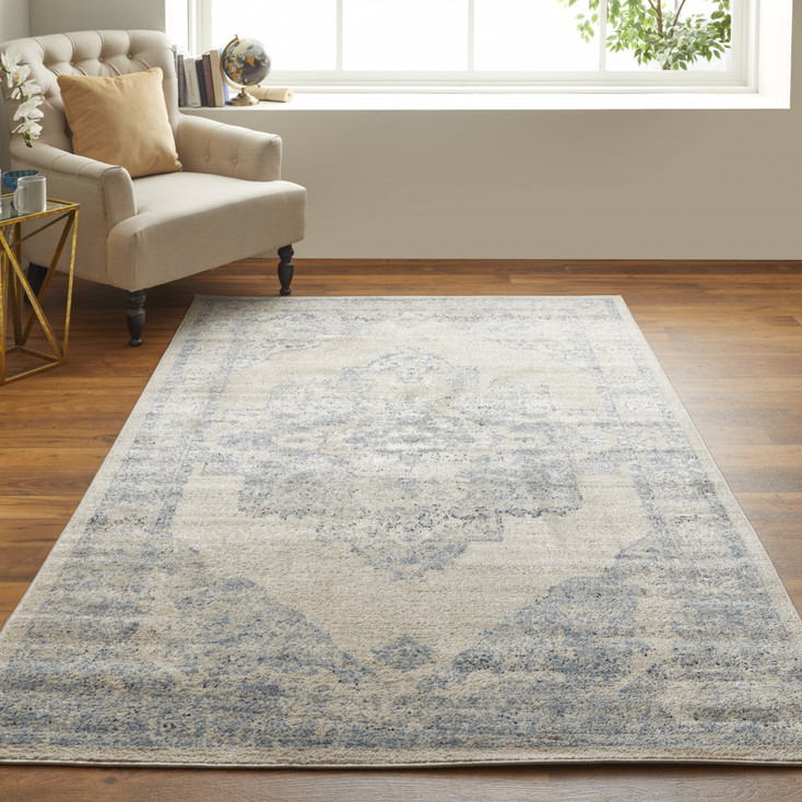 8' x 10' Blue and Ivory Floral Power Loom Distressed Area Rug