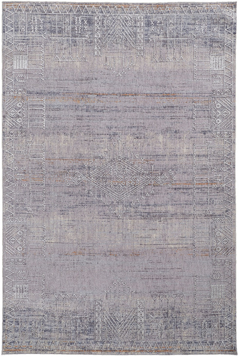 8' x 10' Gray Ivory and Orange Geometric Power Loom Distressed Stain Resistant Area Rug