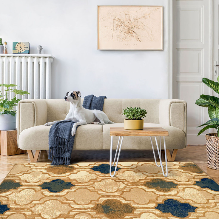 8' x 10' Cream Quatrefoil Power Loom Distressed Stain Resistant Area Rug