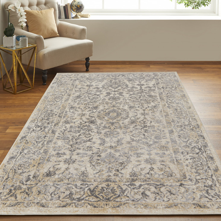 8' x 10' Gray and Ivory Floral Power Loom Distressed Area Rug