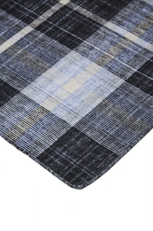 8' x 10' Black Blue and White Abstract Hand Woven Stain Resistant Area Rug