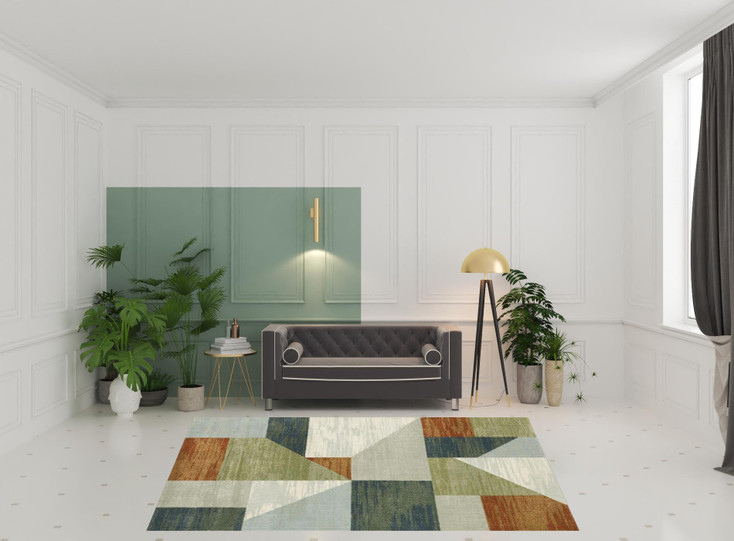 8' x 10' Grey Teal Blue Rust Green & Ivory Geometric Power Loom Stain Resistant Area Rug