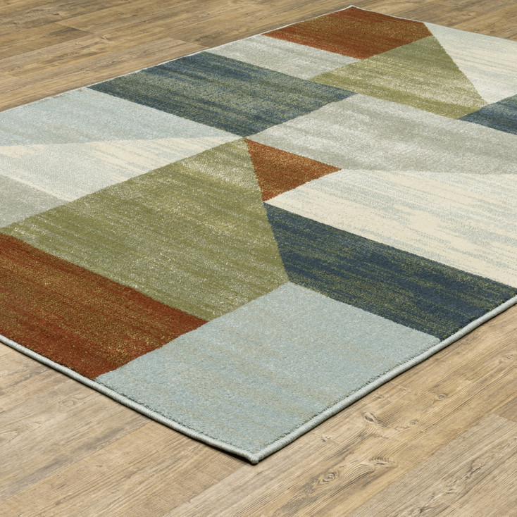 8' x 10' Grey Teal Blue Rust Green & Ivory Geometric Power Loom Stain Resistant Area Rug