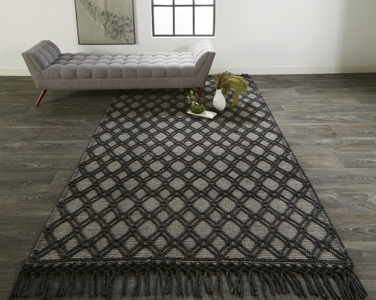8' x 10' Black and Ivory Wool Geometric Hand Woven Area Rug with Fringe