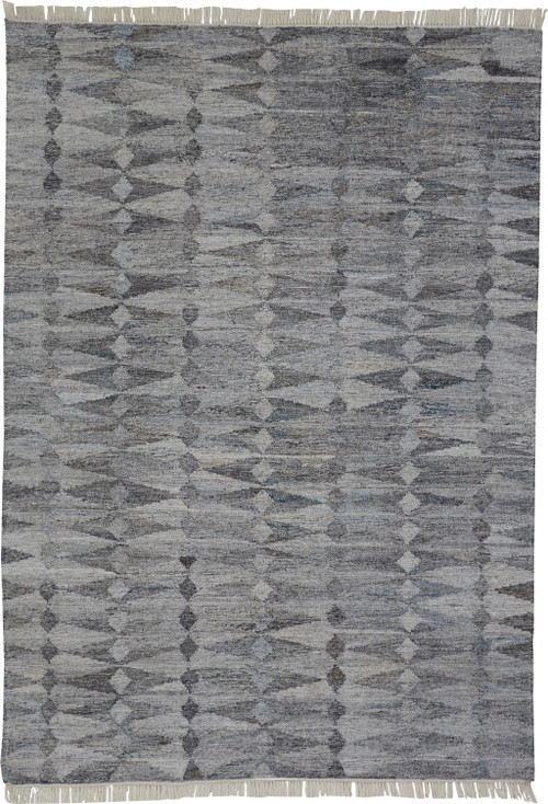 8' x 10' Gray Silver and Ivory Geometric Hand Woven Stain Resistant Area Rug with Fringe