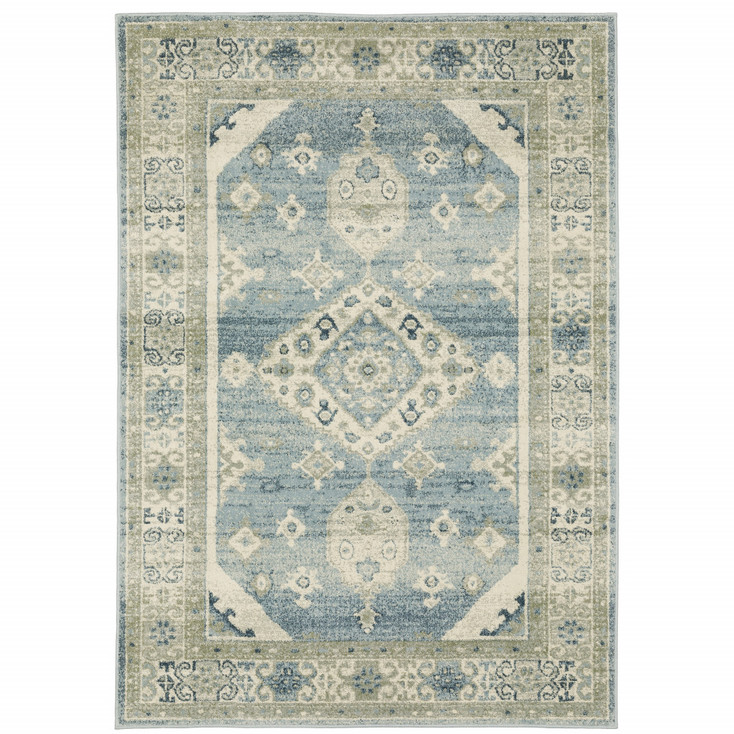 8' x 10' Blue Grey Beige and Teal Oriental Power Loom Stain Resistant Area Rug