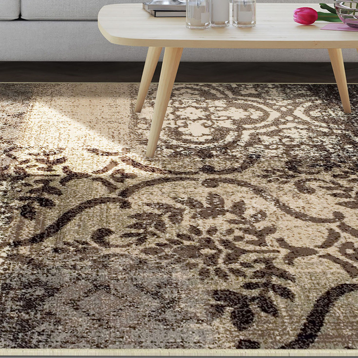 8' x 10' Tan and Brown Damask Distressed Stain Resistant Area Rug