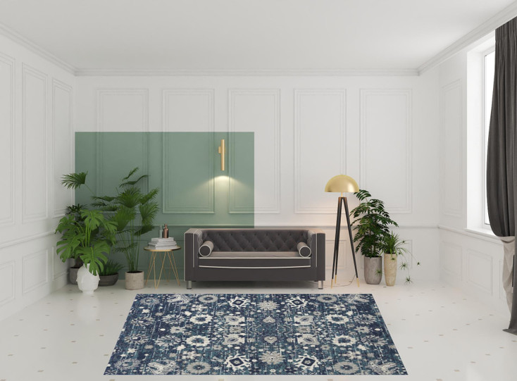 8' x 10' Navy Blue Floral Power Loom Distressed Area Rug