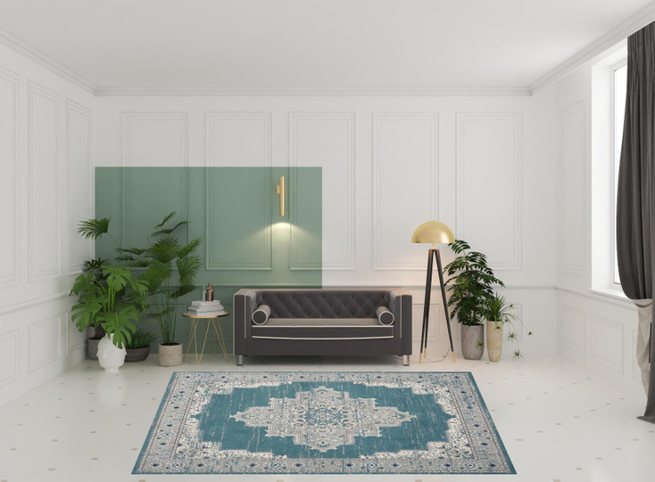8' x 10' Aqua Floral Power Loom Distressed Area Rug