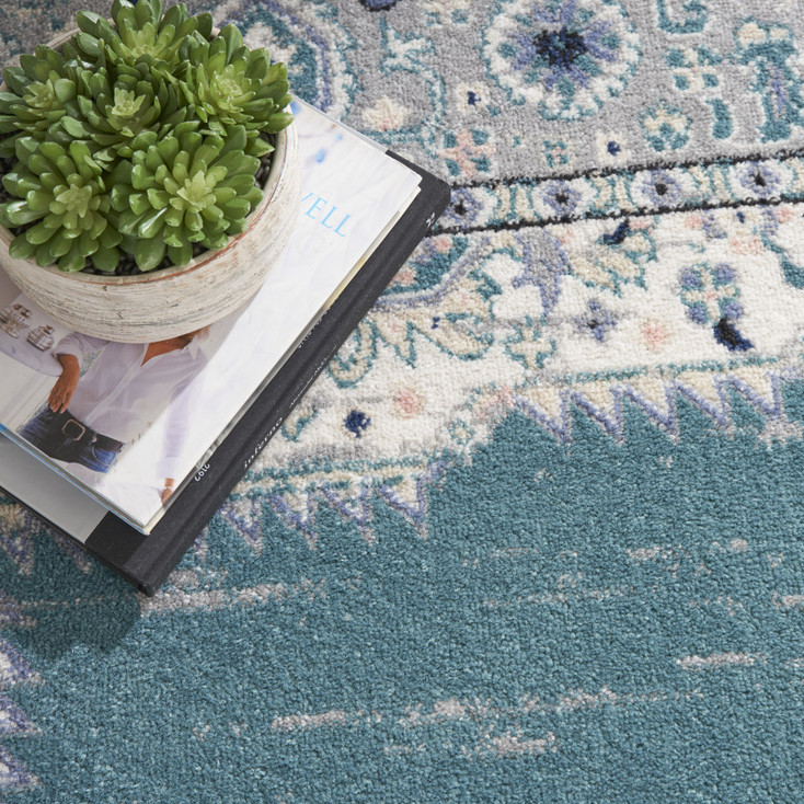 8' x 10' Aqua Floral Power Loom Distressed Area Rug