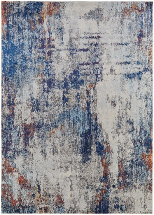 8' x 10' Ivory and Blue Abstract Power Loom Distressed Stain Resistant Area Rug