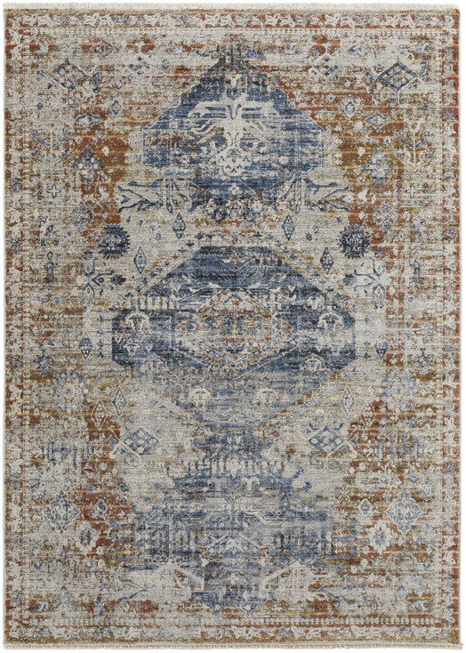 8' x 10' Ivory Orange and Blue Floral Power Loom Distressed Area Rug with Fringe