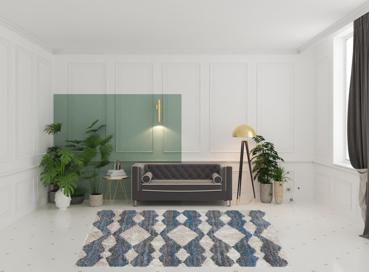 8' x 10' Ivory Gray and Blue Chevron Power Loom Stain Resistant Area Rug