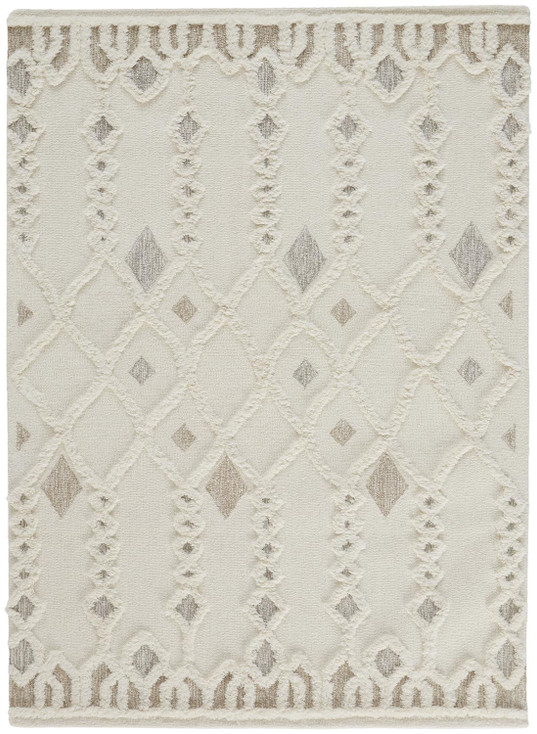 8' x 10' Ivory Tan and Silver Wool Geometric Tufted Handmade Stain Resistant Area Rug