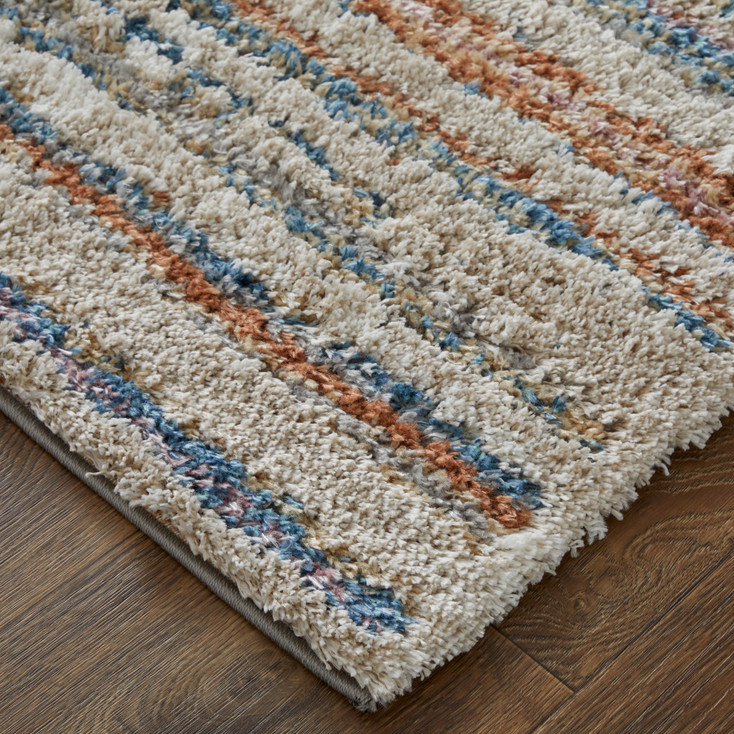 8' x 10' Ivory Blue and Orange Striped Power Loom Stain Resistant Area Rug