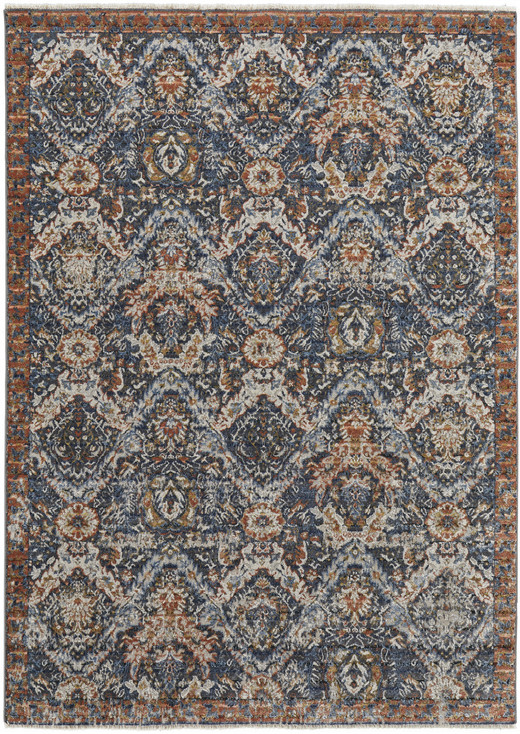 8' x 10' Blue Orange and Ivory Floral Power Loom Area Rug with Fringe