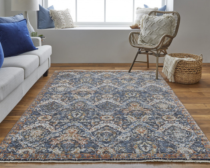 8' x 10' Blue Orange and Ivory Floral Power Loom Area Rug with Fringe