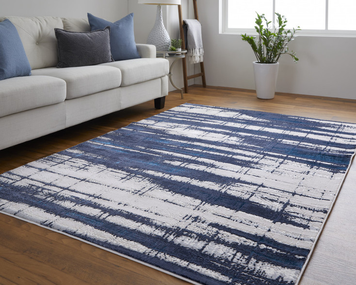 8' x 10' Ivory Blue and Gray Abstract Power Loom Distressed Area Rug