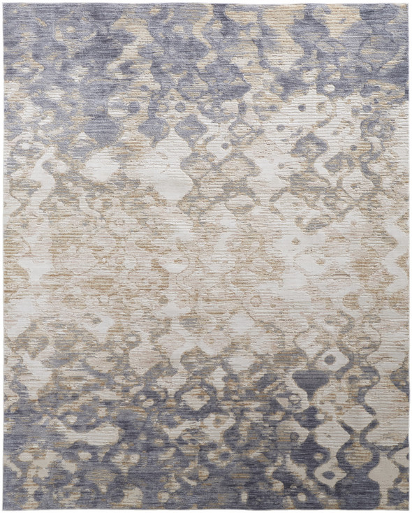 8' x 10' Tan Ivory and Blue Abstract Power Loom Distressed Area Rug